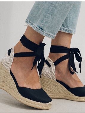 Soludos Marseille Black Lace Up Wedge Espadrilles 7.5